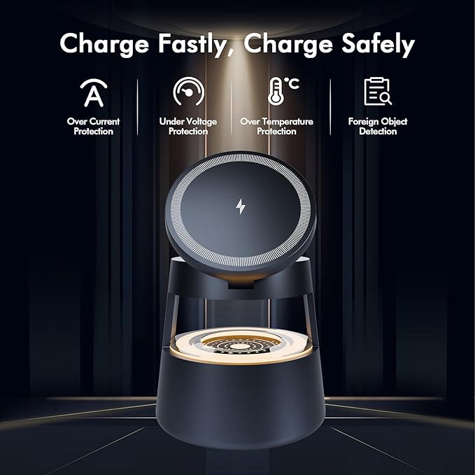 Wireless Charging Station for Magsafe: 4 in 1 Fast Charger Stand 15W with Mushroom Light for iPhone 16e 16 15 14 13 12 Pro Max - for Apple Watch Ultra and AirPods Series - Nightstand Bedside (Black)