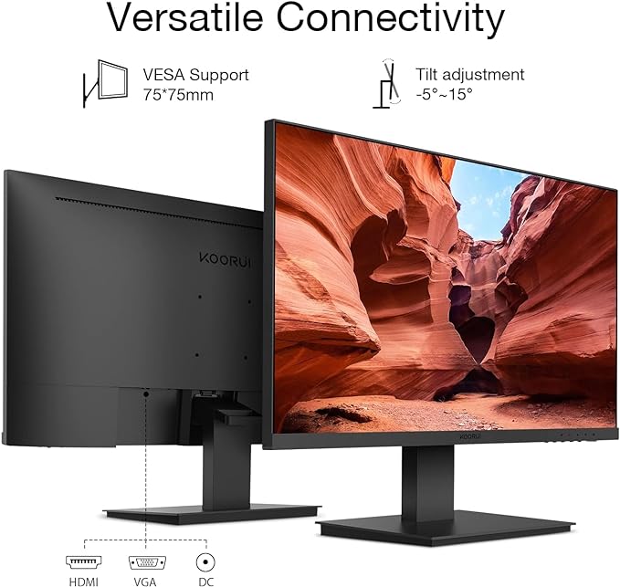 KOORUI Monitor 27 Inch 1080p PC Monitor 3000:1 Contrast Ratio with HDMI VGA for Office and Home, 99% SRGB, Frameless, Eye Care, Tilt Adjustment, VESA Mountable, Black