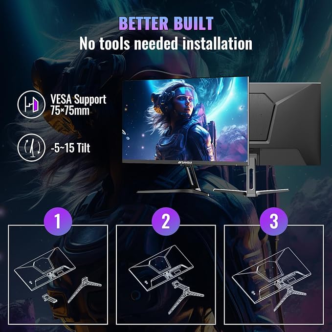 SANSUI 24 Inch Gaming Monitor 180Hz, Computer Monitor with Speakers 1*DP 2*HDMI Ports, FHD 1080P 110% sRGB VESA Support Eye Cares (One HDMI Cable Included ES-G24F4S)