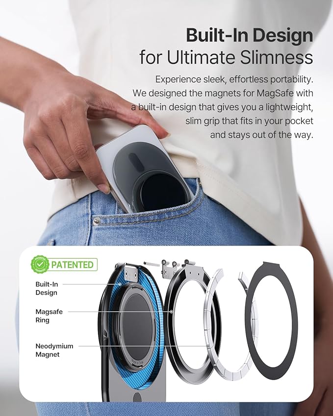 Sinjimoru Phone Grip Stand, Compatible with MagSafe, Adaptor Ring Included, 3000G Kickstand for iPhone 16/15/14/13/12. M-Tap Tok Stand Clear Black