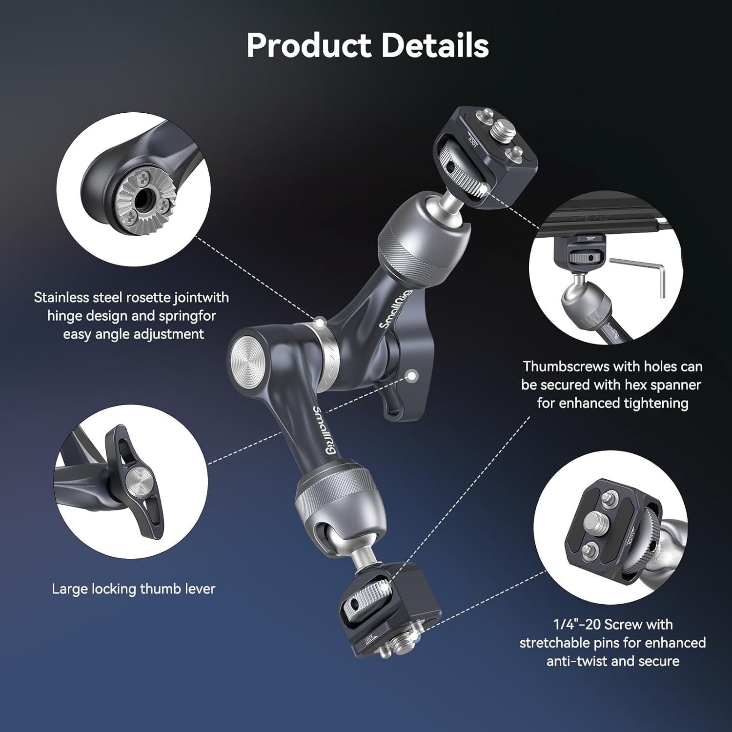 SMALLRIG 7" Rosette Magic Arm, Camera Monitor Mount, Articulating Arm with 1/4"-20 Screws and Anti-Twist Pins, Max Load Capacity 3.5kg Friction Arm, for Cameras, Monitors, LED Lights and Phones