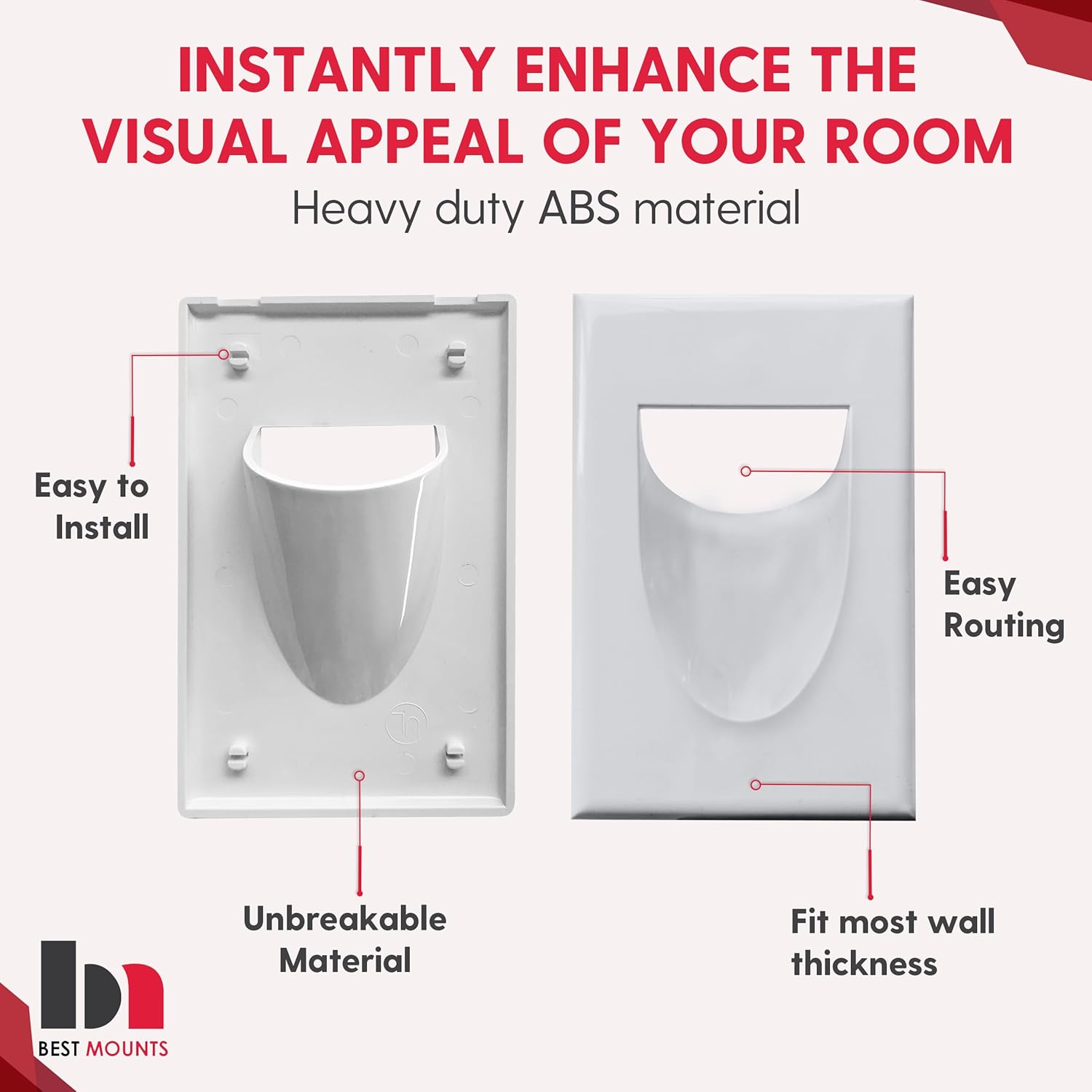 2 Pack Wall Plate Cable Pass Through with Bracket - In Wall Cable Management Kit - Snap ON Wall Plate with Single Gang Low Voltage Mounting Bracket - Decorator Cover for Low Voltage Cables