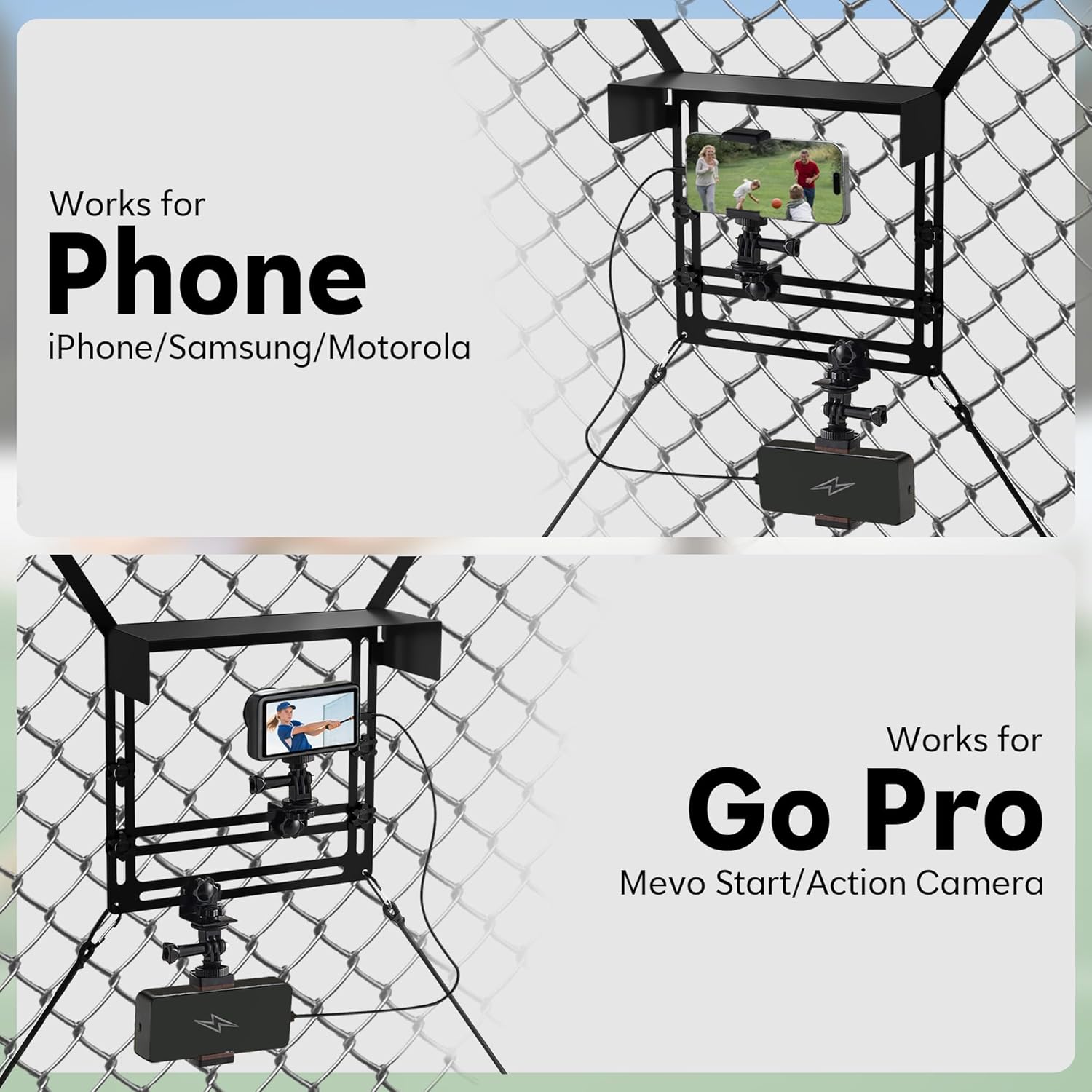Cell Phone Fence Mount with Shade, Fence Phone Holder Mounting Kit for iPhone, GoPro, Mevo Start, Insta360 and Other Action Cameras, Streaming Kit for Recording Baseball, Softball and Tennis