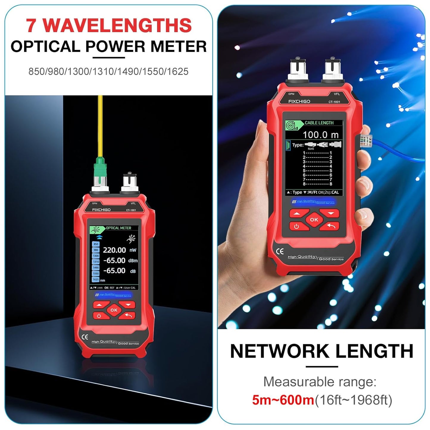 10 in 1 Network Cable Tester with 7 Wavelengths OPM 10Km/10mW VFL 600M Measurable Length 100 Records Tool Kit for CAT5 CAT6 Telephone Ethernet RJ11 RJ45 PoE Wire Tracer NCV, Red