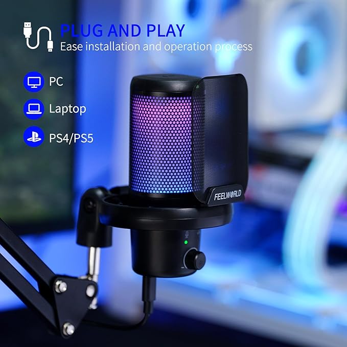 FEELWORLD VM1 Gaming PC USB Microphone Condenser Mic with Noise Cancellation Mute RGB Light, Computer Accessories Gifts for Gamer YouTube Twitch Podcast Streaming Recording Online Chat PS4 PS5