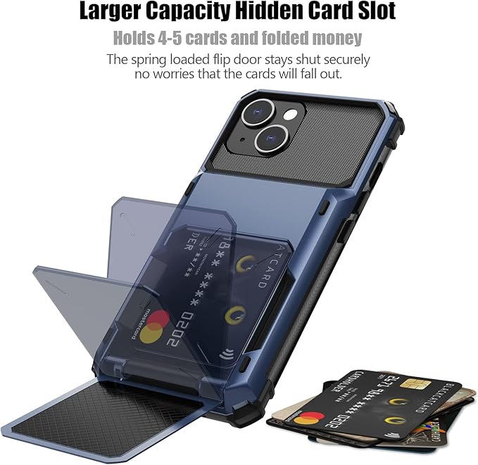 Nvollnoe for iPhone 13 Case with Card Holder[Store 5 Cards] Dual Layer Heavy Duty Shockproof Wallet Case with Hidden Card Slot Large Storage Cover for iPhone 13(Blue)