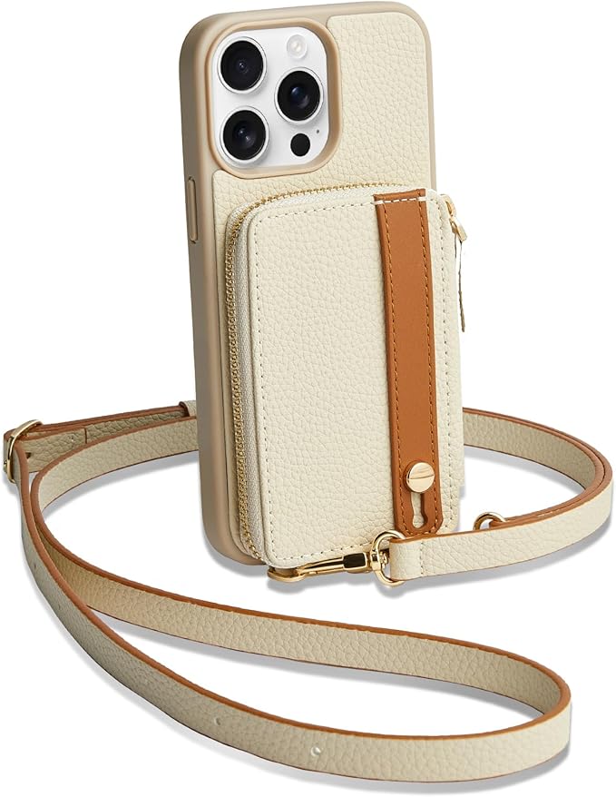 LAMEEKU for iPhone 14 Pro Max Wallet Case with Card Holder, Zipper Leather Crossbody Case with Kickstand Lanyard for Women, Cover with Phone Grip Holder Stand for Apple iPhone 14 Pro Max 6.7" Beige
