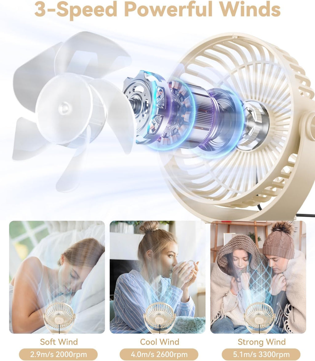 USB Desk Fan, 5 Inch Mini Portable, 3 Speeds Strong Airflow Personal Desktop, Detachable Cooling Fan 360° Rotation Quiet Small Fan for Desk Home Office Travel Car, Beige, 5ft Cable
