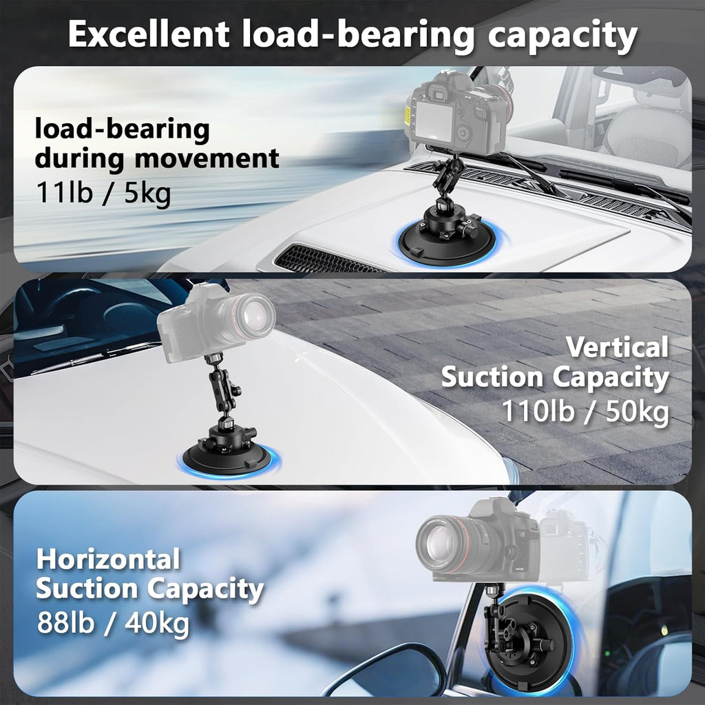 6" Camera Suction Cup Mount with Ball Head Magic Arm,Quick Release Metal Vacuum Suction Cup Mount Car Windshield Dash Mount for Action Camera/Phone Holders with 1/4",1/8" Holes(Black)