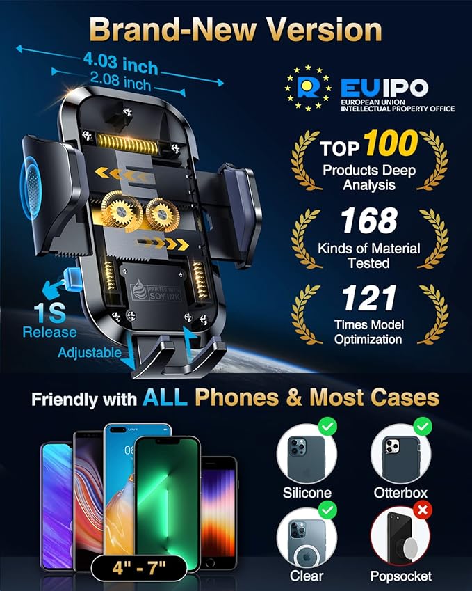 VANMASS Universal Car Phone Holder 2025【Strongest Suction & Military-Grade】Phone Holders for Your Car Windshield Dashboard Vent with【Patent & Safety Certs】Cell Phone Mount for iPhone Samsung Android