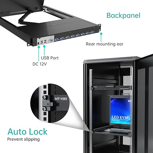 MT-VIKI KVM Rack Console w/19'' LCD Monitor, 8 Port VGA KVM Switch with Keyboard Touchpad Monitor, Fit for 1U 19'' Rack, OSD/Hotkey/Button 【with 8 KVM Cable】