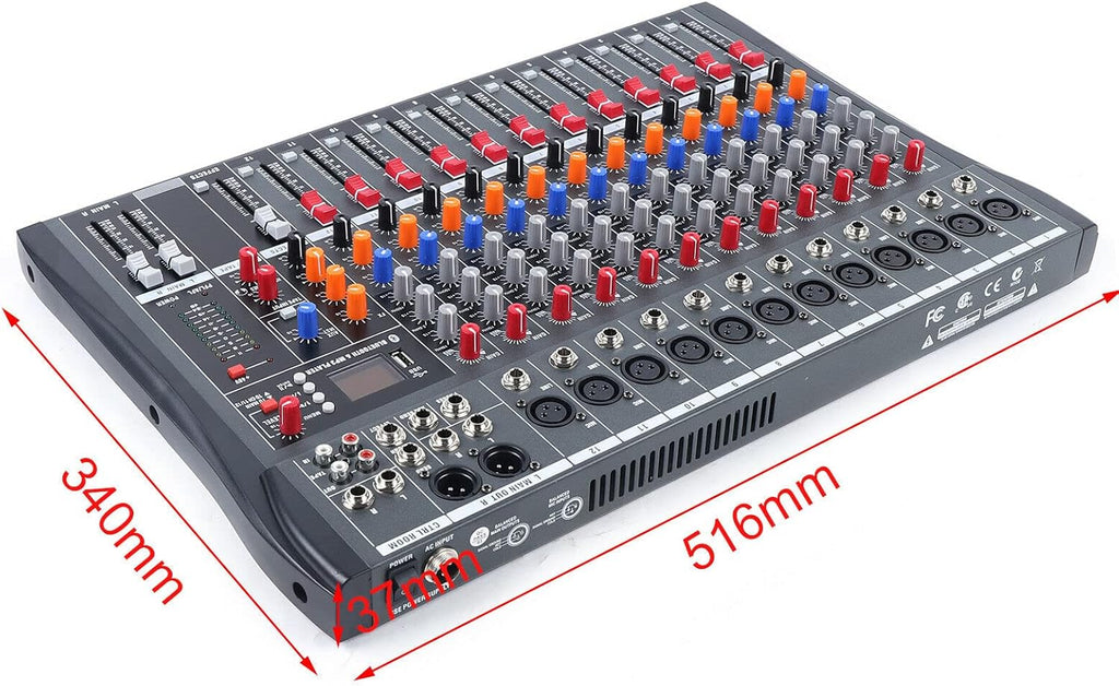 Pro 12 Channels Live Audio Mixer Bluetooth USB DJ Sound Mixing Console with 3 Stage Equalization Regulate 6 Modes Of Music for Family Ktv,Campus Speech,Meeting