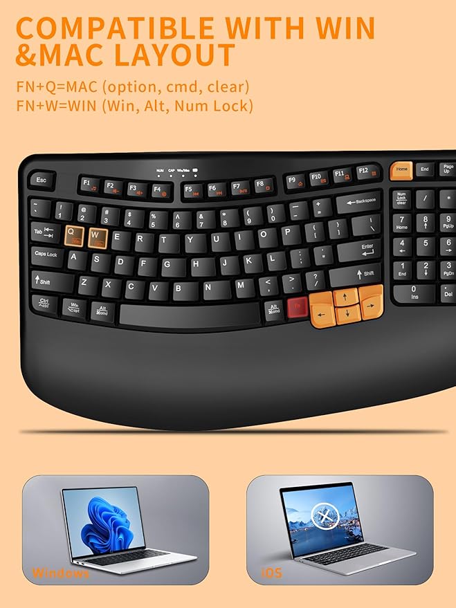 Wireless Keyboard and Mouse Combo, 2.4G Wave Keys Ergonomic Keyboard with Palm Rest and 3 DPI Silent Mouse, Compact Size for Natural Typing, Spill-Resistant, for Windows/PC/Laptop/Mac(Black)