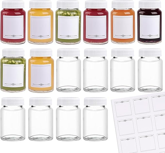 16 Pack 2 oz Glass Shot Bottles with White Caps & Labels, Wide Mouth 60 ml Clear Little Glass Jars for Ginger, Leakproof Travel Mini Jars for Wellness Shot, Juice - Dishwasher Safe
