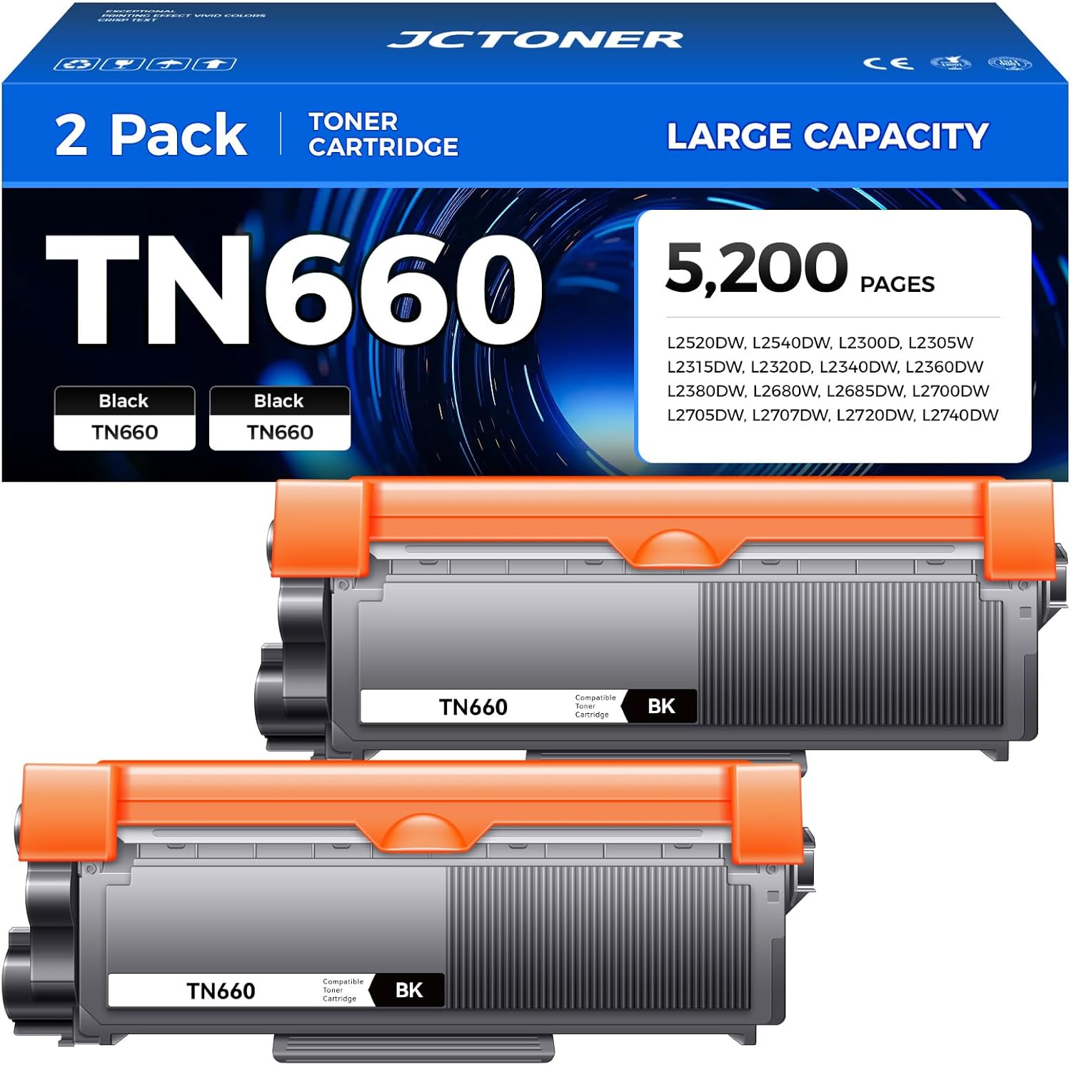 TN660 Black Toner Cartridge 2-Pack Replacement Compatible for Brother TN-660 TN630 TN-630 HL-L2380DW HL-L2320D HL-L2340DW DCP-L2540DW MFC-L2700DW MFC-L2720DW HL-L2300D HL-L2360DW DCP-L2520DW Printer