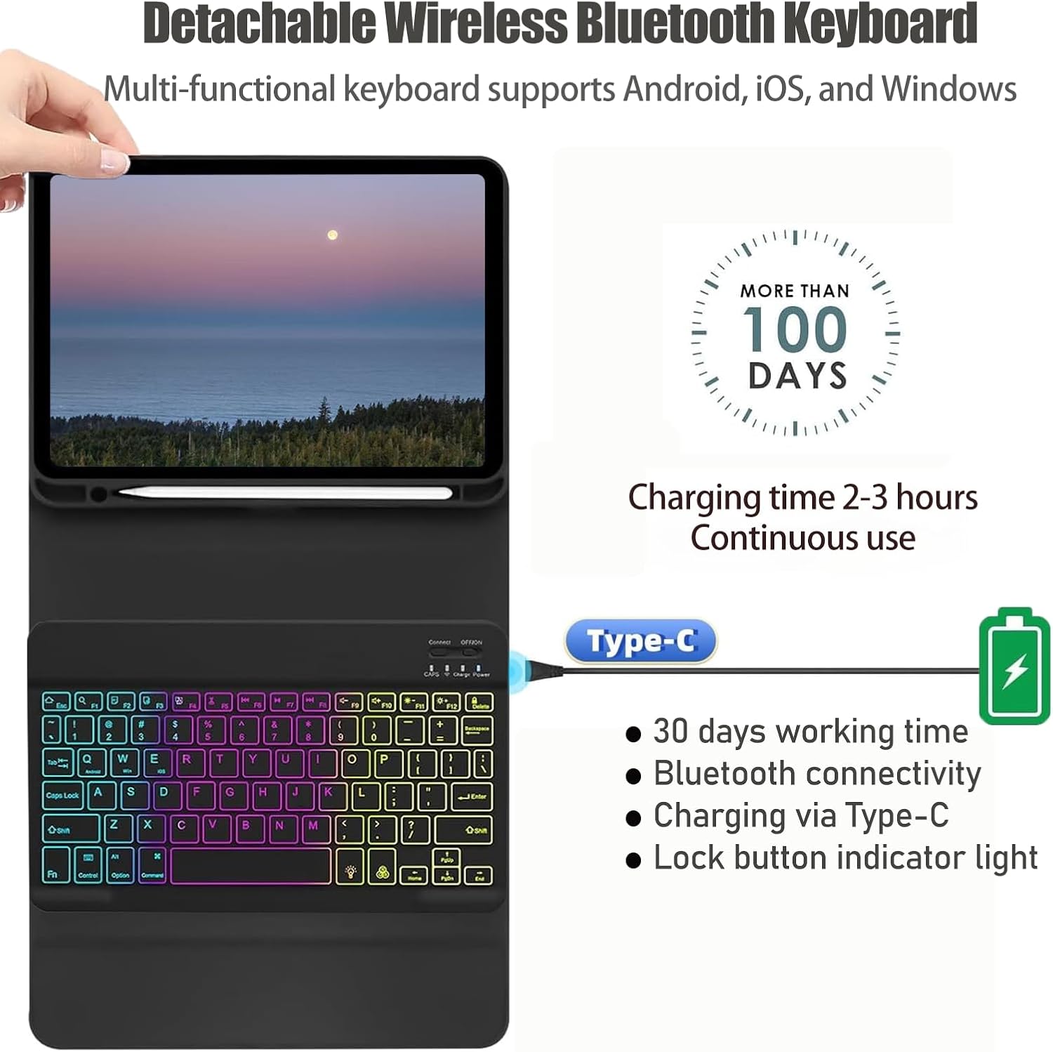 Keyboard Case for Samsung Galaxy Tab S10 FE / S9 FE 10.9 inch/Tab S9 / S8 / S7 11 inch - with 3 Color Backlit Mouse Detachable Keyboard Case
