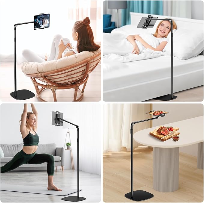elitehood iPad Stand Floor, Height Adjustable Tablet Floor Stand with Heavy Base, 360° Rotatable Kinlde Holder for Reading in Bed, Fit 4.7''-13'' iPad mini Air Pro, Galaxy Tab, Kindle and Cell Phone