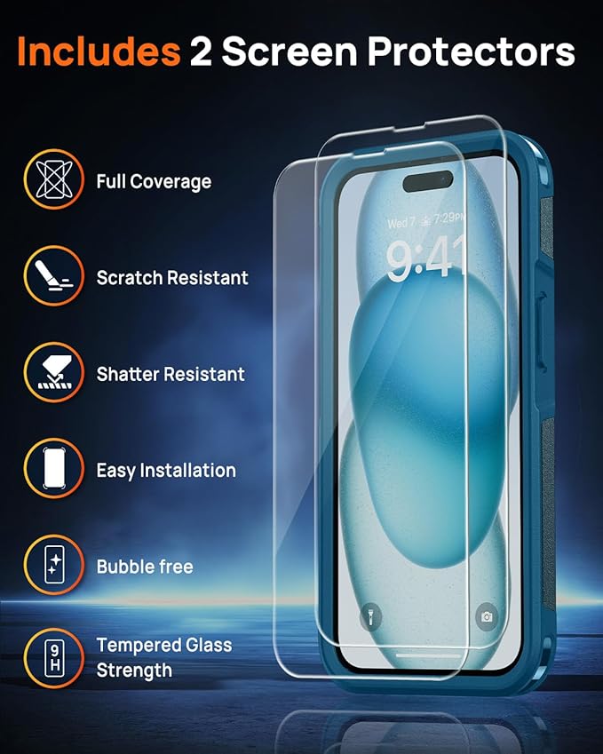 Lanhiem for iPhone 15 Case Magnetic, [2 Pack Tempered Glass Screen Protector][Compatible with MagSafe][10 FT Military Grade Shockproof] Heavy Duty Tough Rugged Phone Cover for iPhone 15 - Dark Blue