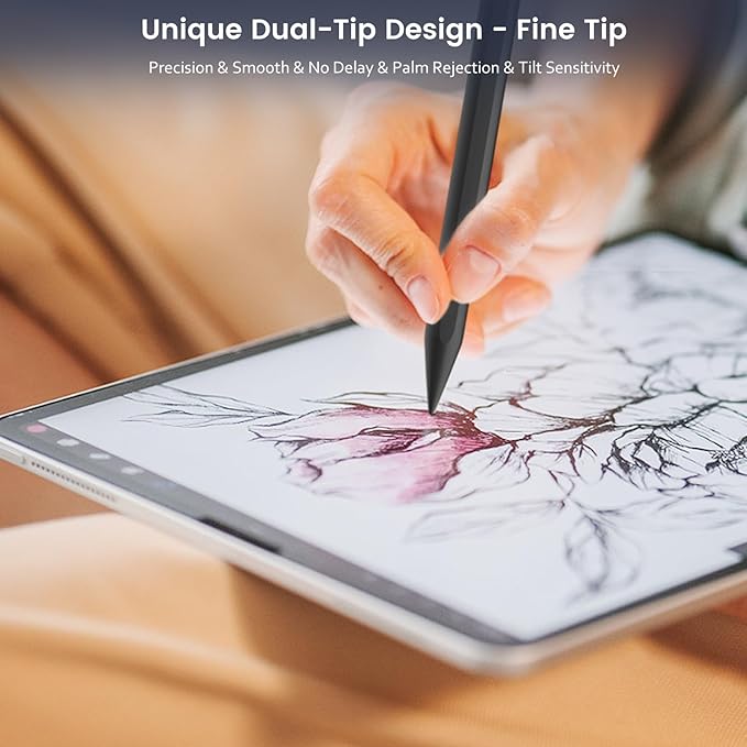 Stylus Pen for iPad, Dual-Tip 13 mins Fast Charge Pencil for Apple, Palm Rejection, Tilt Sensitivity, Compatible w/iPad 6/7/8/9/10, Pro 11/12.9in/M4, Air 3/4/5/M2, Mini 5/6 - Black