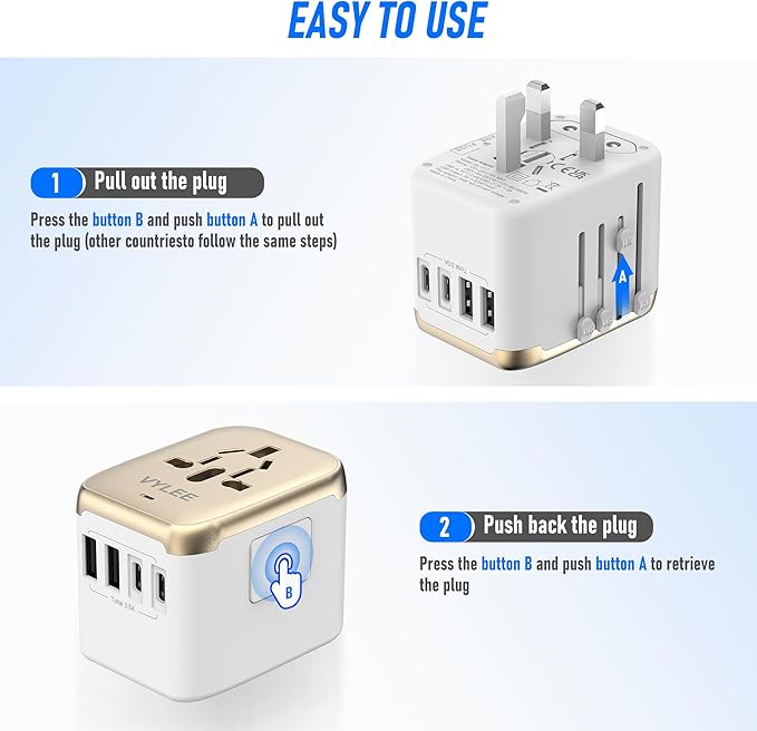 Universal International Power Travel Plug Adapter, 5 in 1 European Travel Plug Adapter W/ 3.5A 2xUSB-A and 2xUSB C Wall Charger and Worldwide AC Outlet for Europe USA UK AUS Asia (White Gold)