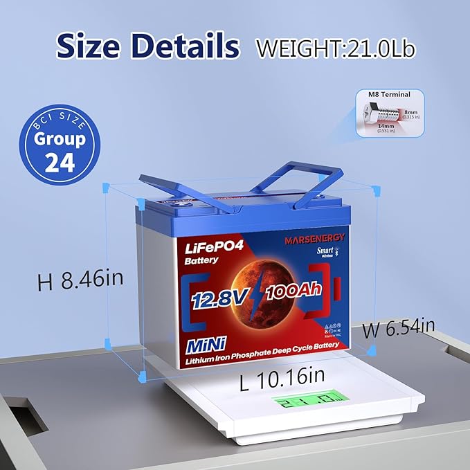 12V 100Ah Lifepo4 Battery, Bci Group 24, Built-In 100A Smart BMS, 4500 To 15000 Deep Cycle Grade A Cells Lithium Battery For Rv, Trolling Motor, Marine, Home Energy Storage, Solar Panel System (BT2PC)