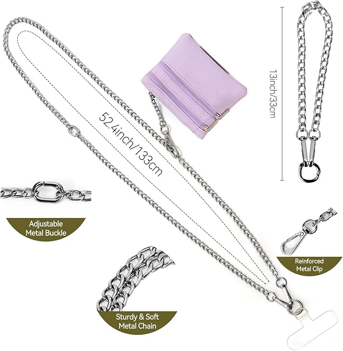 Clip and Go Strap for Phone Silver Metal Chain with Purple Pouch Wallet Crossbody Phone Lanyard for Women with Cell Phone Stand Holder 2 Patches Tether Adjustable Anti Theft for iPhone 16 Pro 15 All