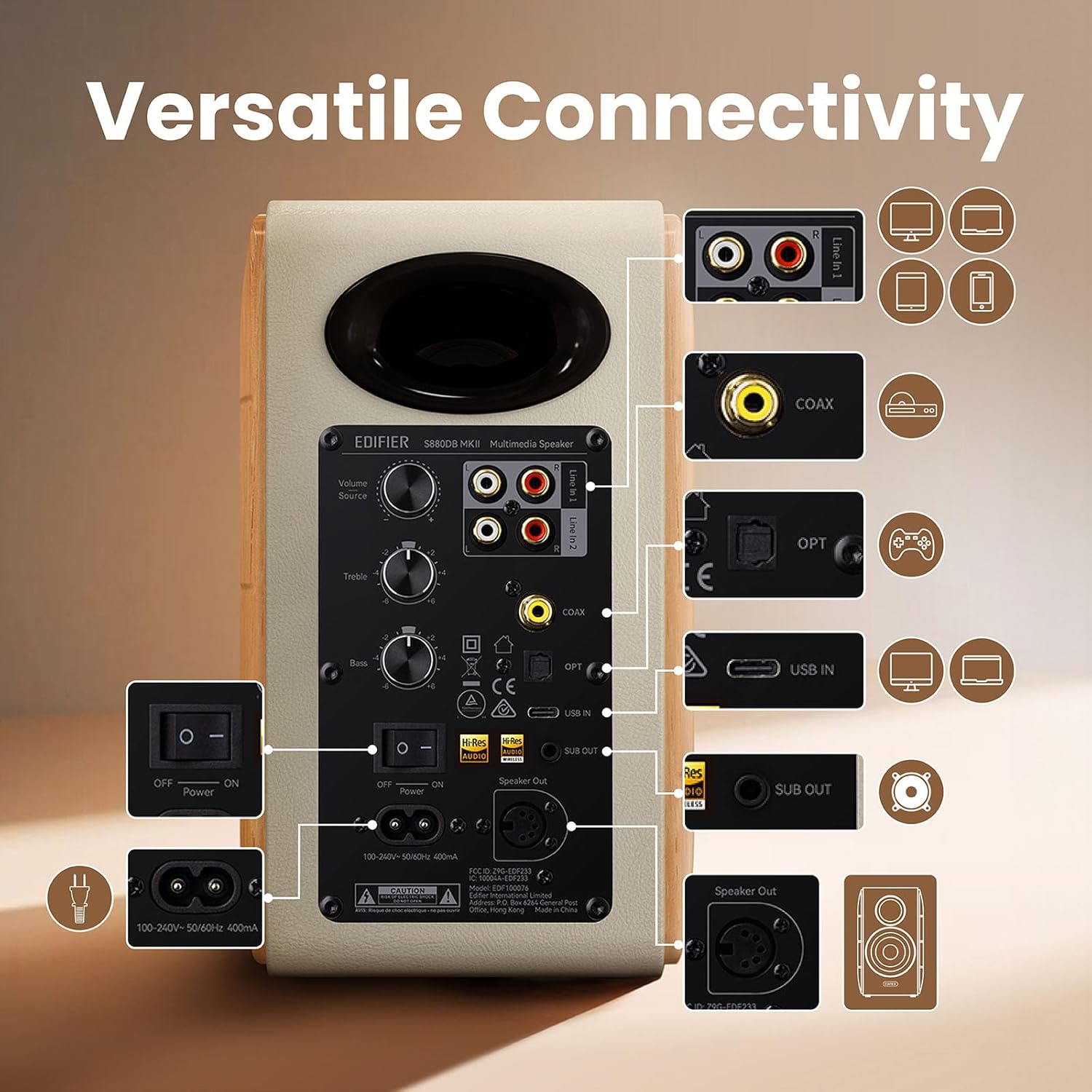 Edifier S880DB MKII Active Bookshelf Speakers,2.0Computer Hi-Fi Speaker System,88W RMS Hi-Res Audio with LDAC Bluetooth USB-C Optical Coaxial RCA Input Subwoofer Output for Record Player TV,Pair-White