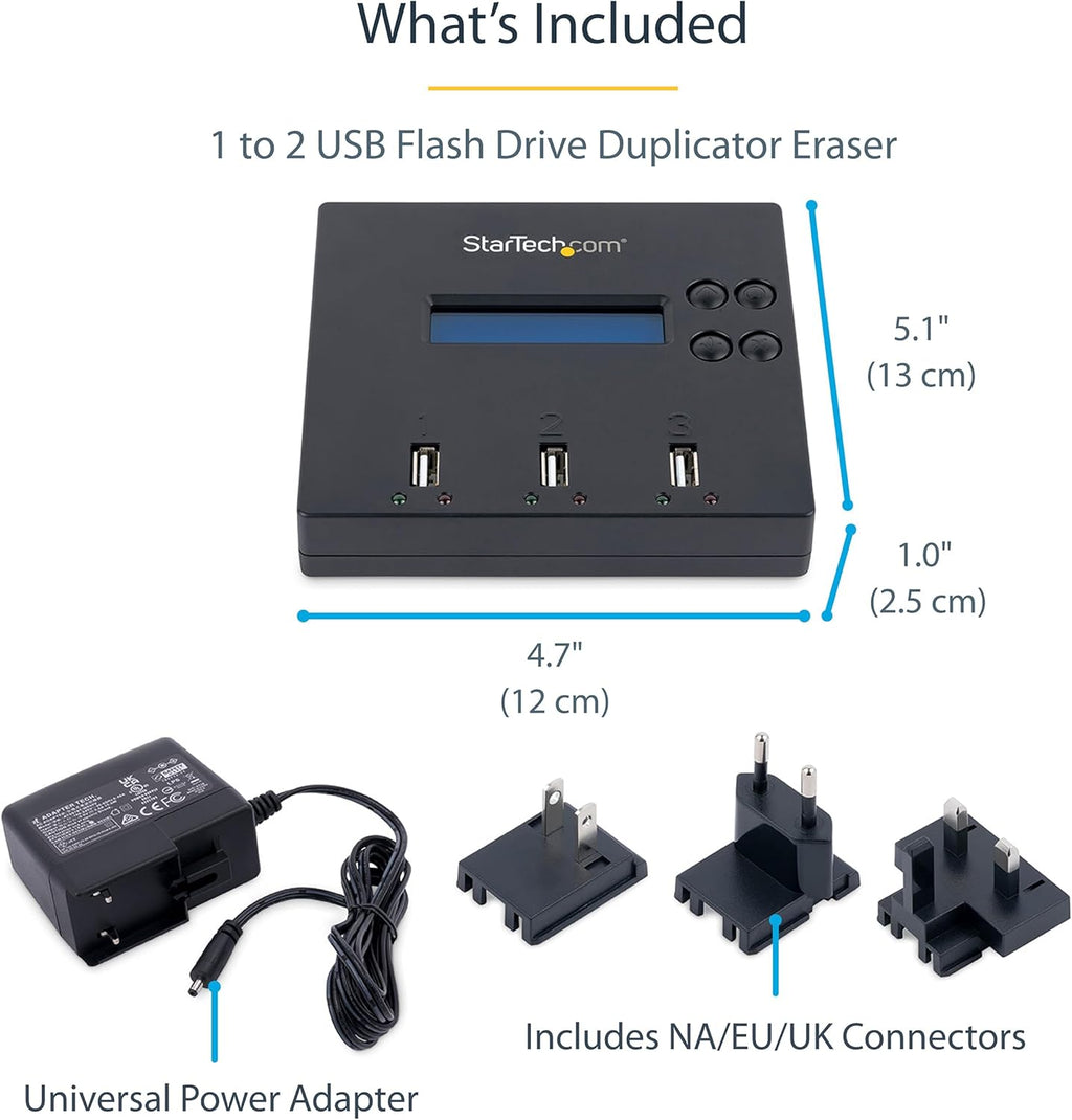 StarTech.com Standalone 1 to 2 USB Flash Drive Duplicator / Cloner / Eraser, Multiple USB Thumb Drive Copier / Sanitizer, System File / Sector-by-Sector Copy, 1.5 GB/min, 3-Pass Erase, LCD, TAA