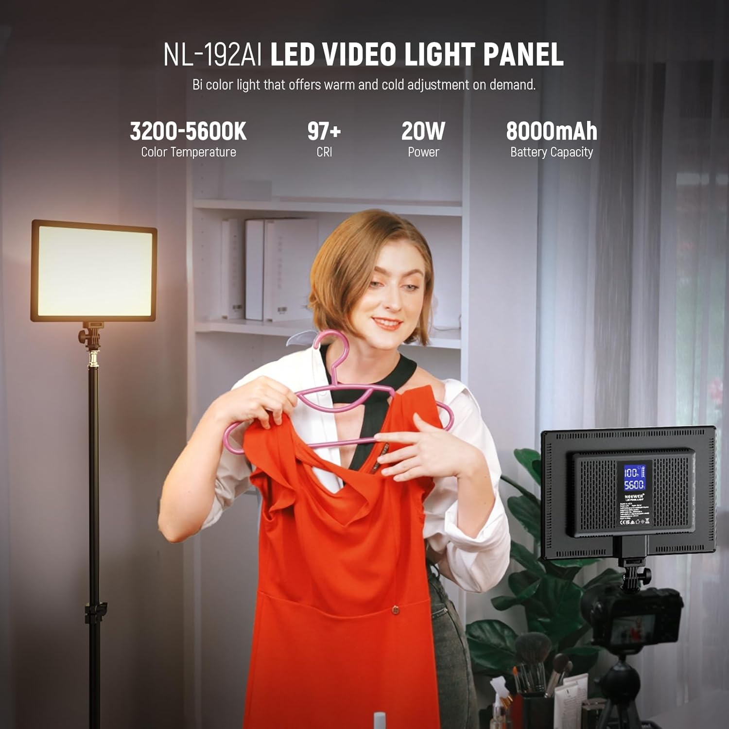 NEEWER 192 LED Video Light Panel, 20W Ultra Thin Bi Color Dimmable DSLR Camera Soft Light, 8000mAh Built in Lithium Battery, 3200-5600K CRI97+, Key Lighting for Studio Photography Recording Streaming