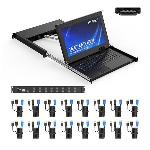 MT-VIKI 16-Port HDMI LCD KVM Console, 1U Rack Mount with 15.6'' LCD Monitor, 1080P@60Hz + 16 KVM Cables, for Short-Depth & Standard Rack