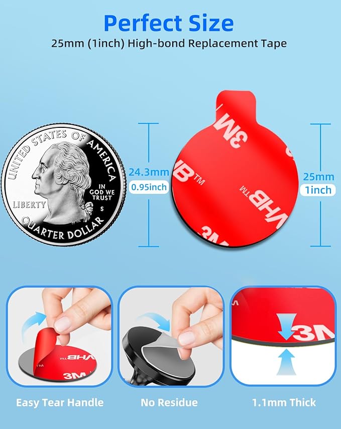 10 Pcs 3M Sticky Adhesive Pads for Car Magnetic Phone Holder, 1 inch Round VHB Double Sided Tape Replacement for Dashboard Cell Phone Mount & Mini Dash Cam Base, Strong 25mm Heat Resistant Sticker