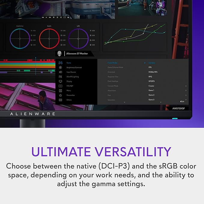 Alienware 27 4K Dual-Resolution Gaming Monitor - AW2725QF - 4K at 180Hz and FHD at 360Hz, 0.5ms GTG 1ms GTG (Extreme Mode), VESA AdaptiveSync, NVIDIA G-SYNC Compatible, HDMI/DP/USB 3.2 Gen1 - Black