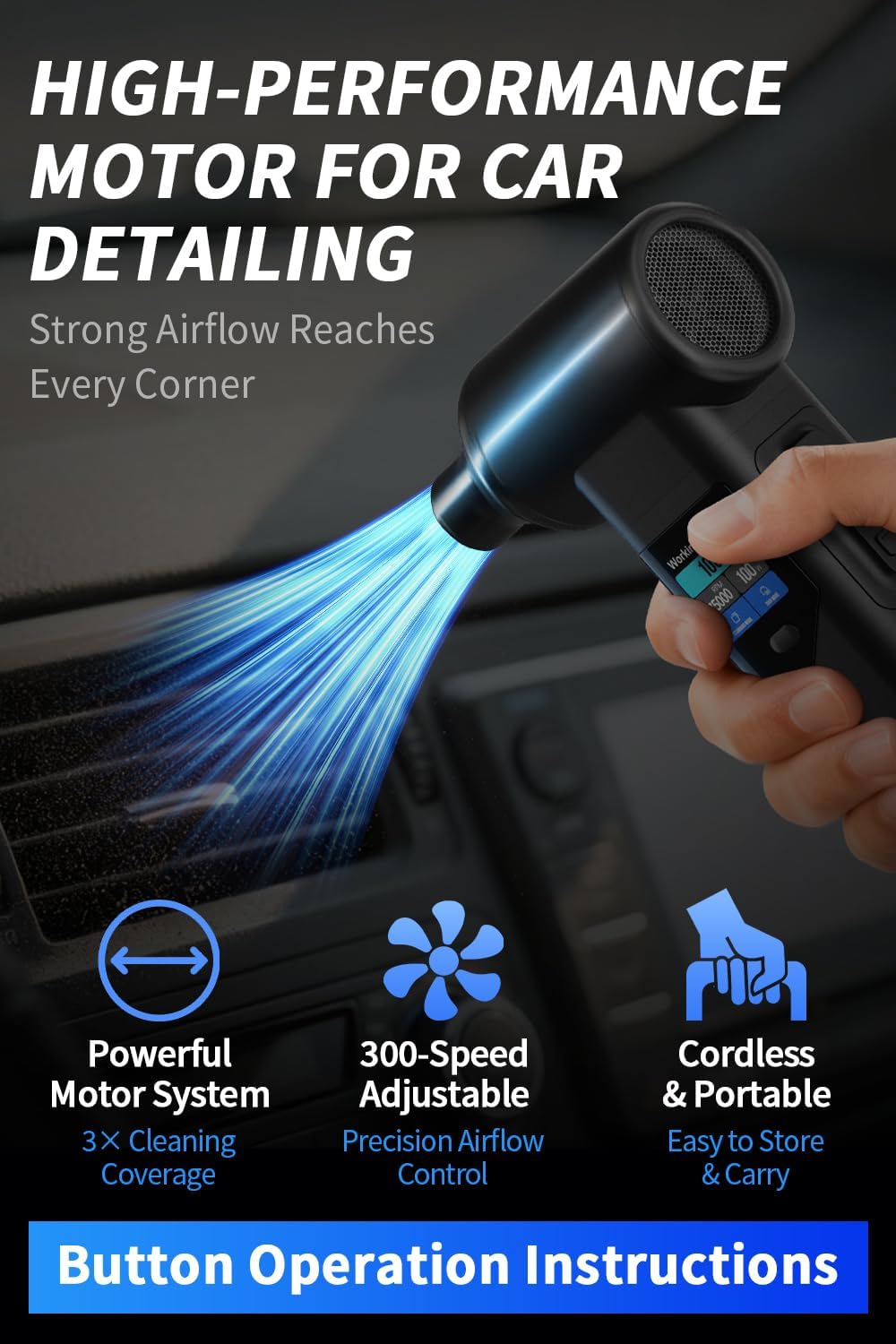 Instant Dust Removal – Electric Air Duster 130000 RPM, 40 mm Motor, 10000 mAh Battery & 30 W Fast Charge, TFT Screen, 300-Speed Control, Rechargeable Compressed Air Blower for PC & Electronics