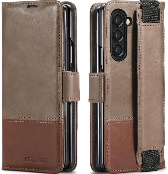 KEZiHOME for Samsung Galaxy Z Fold 6 Case, Genuine Leather Wallet Case [RFID Blocking] with Card Slots Stand Flip Protective Phone Cover Compatible with Galaxy Z Fold6 5G (Gray/Brown)