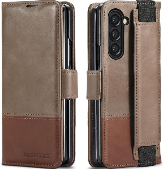 KEZiHOME for Samsung Galaxy Z Fold 6 Case, Genuine Leather Wallet Case [RFID Blocking] with Card Slots Stand Flip Protective Phone Cover Compatible with Galaxy Z Fold6 5G (Gray/Brown)
