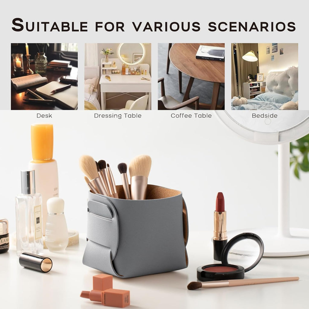 HOMIEAZICOZI 2-Pack Cork Leather Desk Accessories Storage - Pencil Pen Holder - Makeup Brush Holder Organizer - Stylish Addition to Home Decor (Gray)