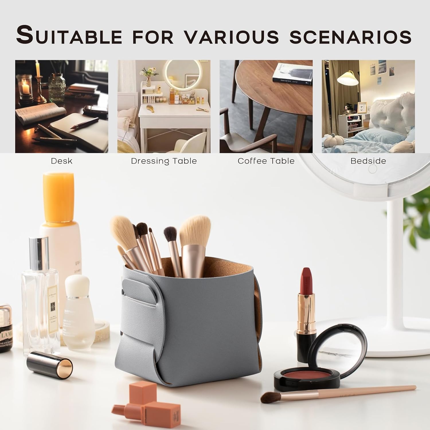 HOMIEAZICOZI 2-Pack Cork Leather Desk Accessories Storage - Pencil Pen Holder - Makeup Brush Holder Organizer - Stylish Addition to Home Decor (Gray)