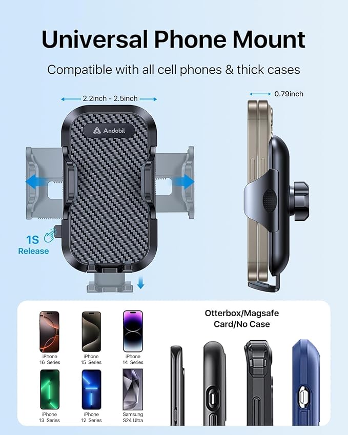 andobil Car Phone Holder, 2025 Military-Grade 85lbs Strongest Suction Phone Holders for Your Car Dashboard/Windshield/Vent Easy Clamp Cellphone Holder Truck Stand for iPhone 16 15 14 Pro Max Samsung