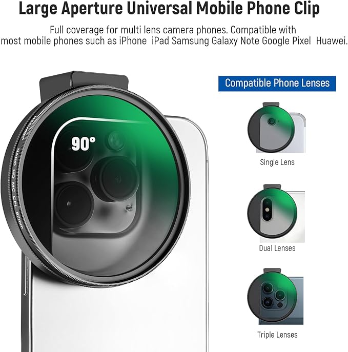 NEEWER CPL Filter for Phone, 67mm Camera Lens Polarizing Filter with Metal Cold Shoe Phone Clip Compatible with iPhone 16 15 Pro Max Plus 14 13 Pro Max Mini 12 11 X XS Max Samsung Galaxy, FL-27