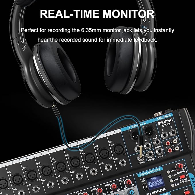 12 Channel Audio Interfacer Sound Board Mixer DJ Mixer 16-Bit DSP Effect USB Audio Mixer +48V Phantom Power Bluetooth Mixer for Karaoke Studio Streaming Recording,Live Streaming