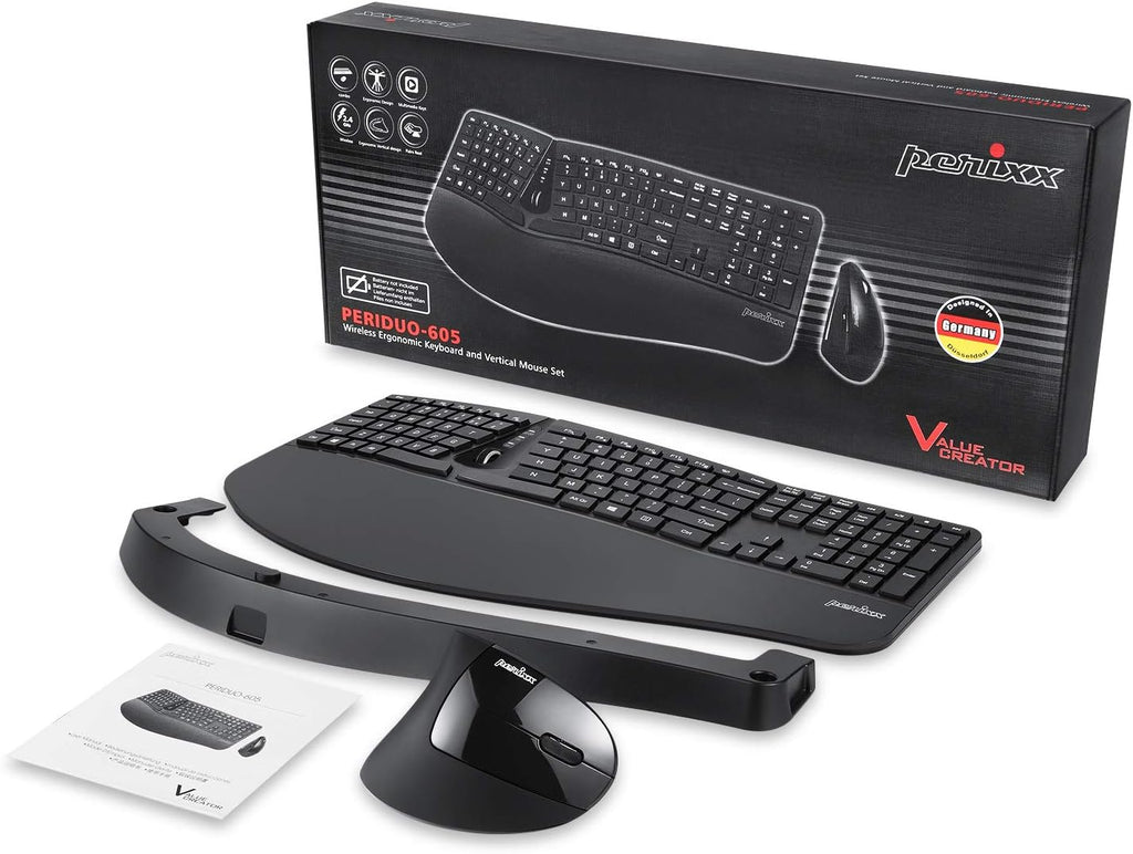 Perixx Periduo-605, Wireless Ergonomic Split Keyboard and Vertical Mouse Combo, Adjustable Palm Rest and Membrane Low Profile Keys, Black, US English Layout (11633)