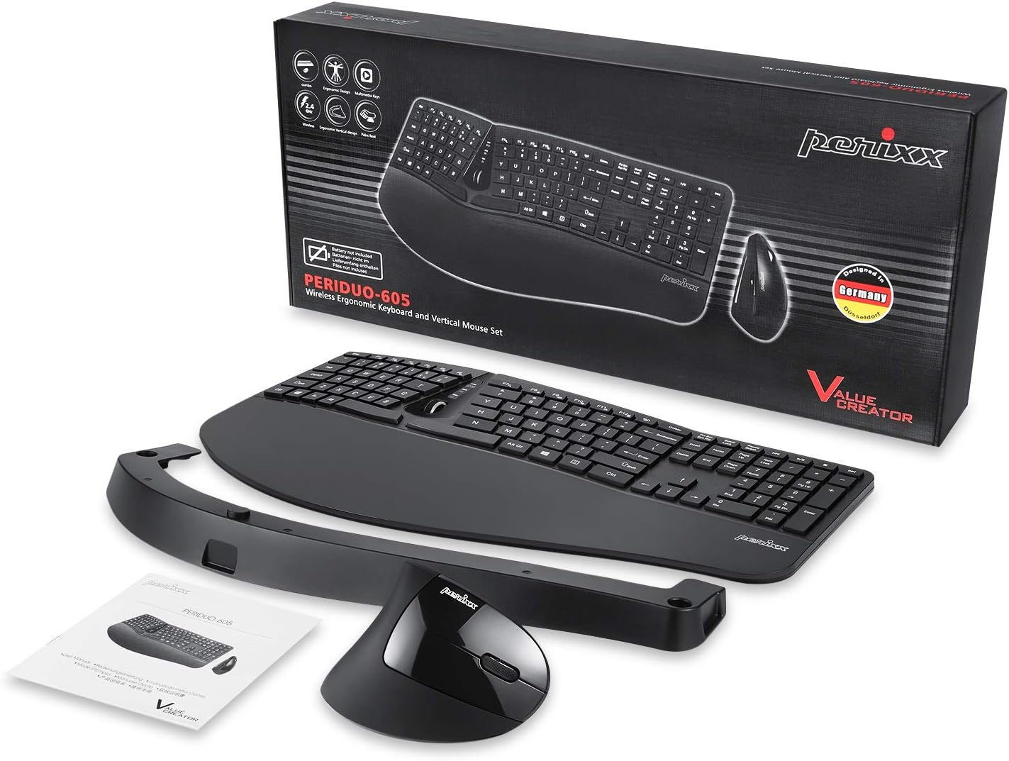 Perixx Periduo-605, Wireless Ergonomic Split Keyboard and Vertical Mouse Combo, Adjustable Palm Rest and Membrane Low Profile Keys, Black, US English Layout (11633)