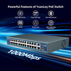 24 Port Gigabit PoE Switch Unmanaged, YuanLey 27-Port Gigabit PoE with 2 Uplink & 1 SFP, Rackmout, Build in 400W Power, Support 802.3af/at, Plug and Play, One-Key VLAN, Metal Case