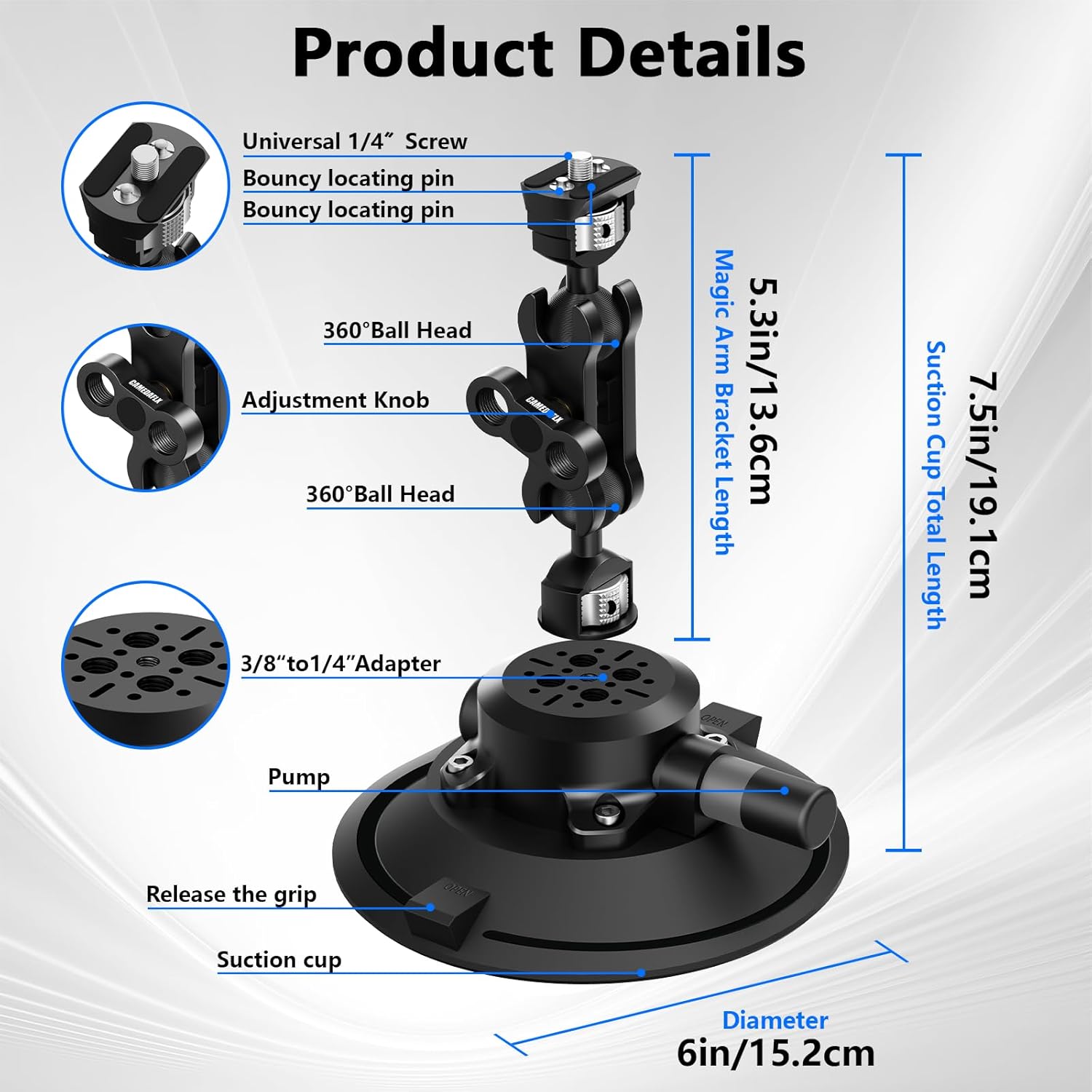 6" Camera Suction Cup Mount with Ball Head Magic Arm,Quick Release Metal Vacuum Suction Cup Mount Car Windshield Dash Mount for Action Camera/Phone Holders with 1/4",1/8" Holes(Black)