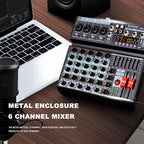 BOMGE 06A Professional 6 Channel DJ Audio Mixer, DJ Controller Sound Mixer with 99 DSP Effects,7-band EQ Independent 48V Bluetooth USB Interface Recording for Studio Stage Party Home Recording