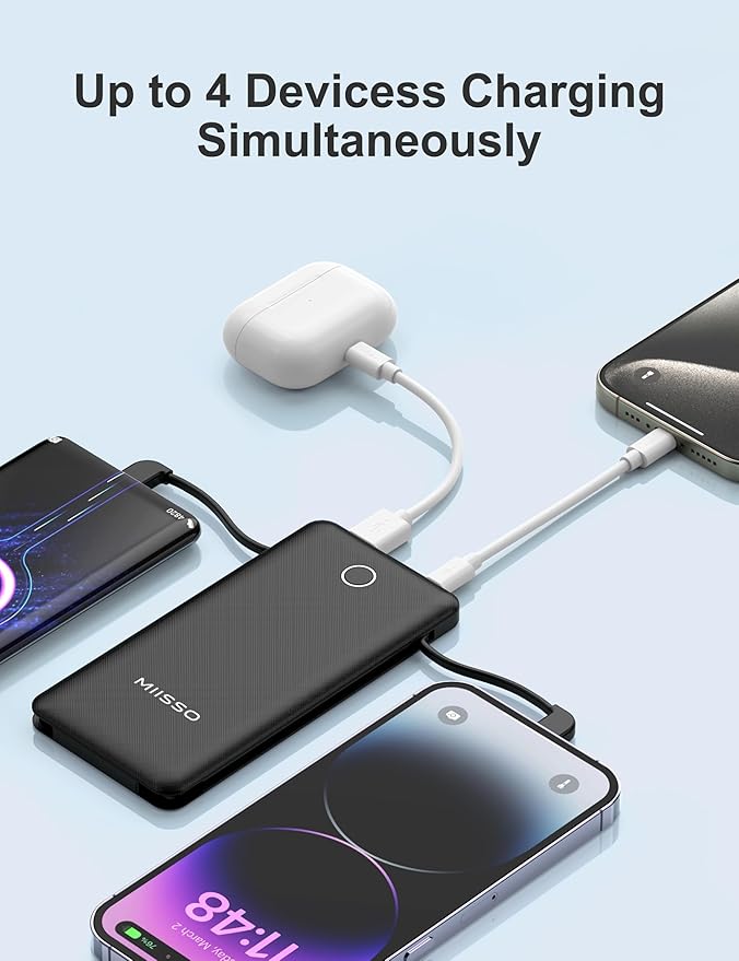 10000mAh Slim Portable Charger with Built in Cable, Power Bank Travel Charger External Battery Pack for Phone, 4 Output USB Type C Cord Clutch Charger Compatible with iPhone, 2 Pack Black & Pink