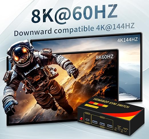 2*DP+1*HDMI KVM Switches 3 Monitors KVM Switch 2 Monitors 2 Computers Display Port，8K@60HZ,USB3.0,kvm displayport 2 Computers 3 Monitors Dual Monitors Support Extended and Copy Mode,Share USB Devices