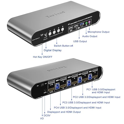 4 Computers 2 Monitors Automatic KVM Switch, HDMI 4k@60Hz + DP 8K 30Hz 4K@144Hz, Aluminum Alloy Shell, Digital Display, Audio/Microphone, hotkey, HDR10 with Cables