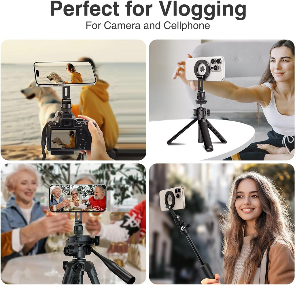 elitehood Aluminum Magnetic Camera Phone Mount with 360° Rotatable Cold Shoe Base, MagSafe iPhone Tripod Mount Adapter with 1/4” Screw & Hot Shoe, 180° Tilt Cell Phone Holder for Tripod Attachment