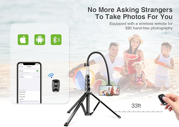 elitehood 80” Tall Phone Stand Tripod, Floor Phone Recording Stand, Heavy Duty Adjustable iPhone Tripod Stand Compatible with iPhone 15 14 13 12